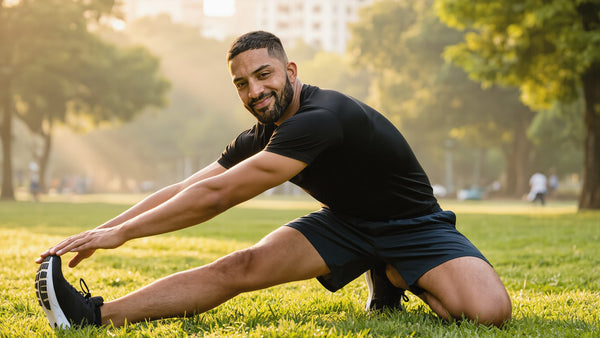 Man stretching after a morning run in the park