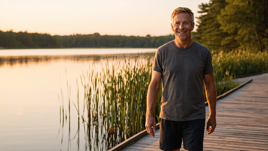 Man in his 40s smiling on a lakeside boardwalk at golden hour