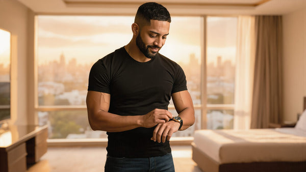 Man in a fitted black t-shirt and jeans fastening his watch as he gets ready to go out