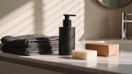 Clean bathroom counter with a folded towel, soap and a plain box: the basics for safe cock ring care
