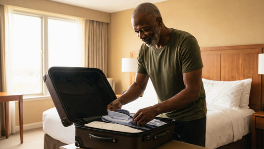 Man in his 60s packing a carry-on suitcase in a hotel room
