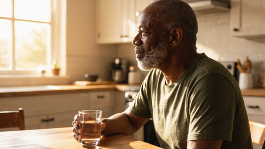 Man in his 60s at a sunny kitchen table with a glass of water, weighing a cock ring against Viagra or Cialis