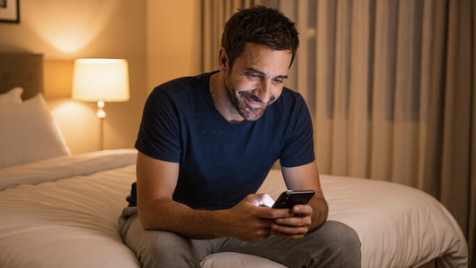 First-time cock ring user sitting on his bed reading a beginner guide on his phone