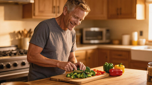 Man in his late 40s cooking a vegetable dinner at home, part of living well with venous leak