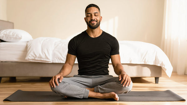 Man sitting cross-legged on a yoga mat doing a slow breathing exercise for premature ejaculation