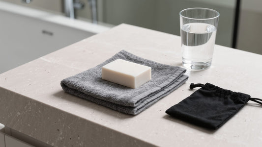 Soap, towel and a black drawstring pouch for cleaning and storing a silicone cock ring
