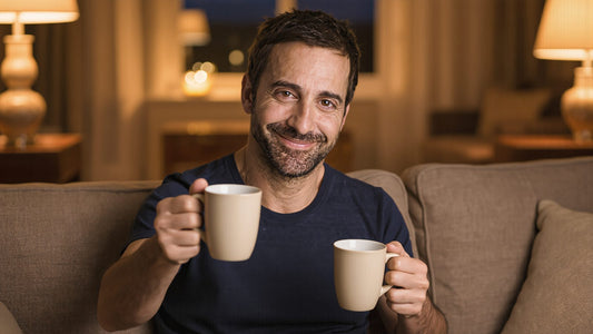 Man on the sofa holding two mugs of tea, ready for a relaxed conversation with his partner