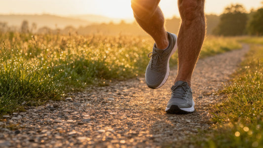 Runner on a gravel trail at sunrise: regular exercise matters for venous leak at every age