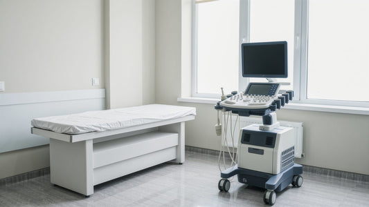 Clinic exam room with the ultrasound machine used for a penile Doppler test to diagnose venous leak