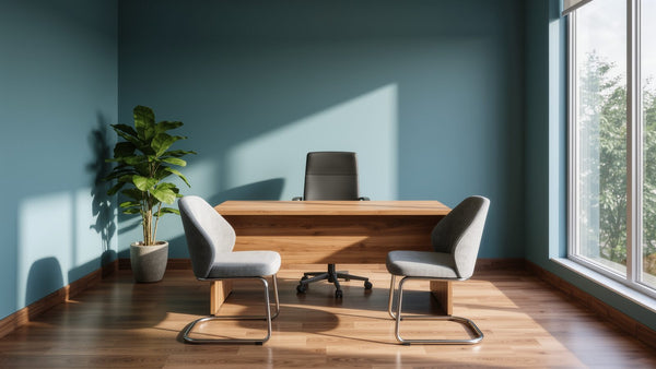 Calm urology consultation room with a desk and two chairs, where venous leak gets diagnosed